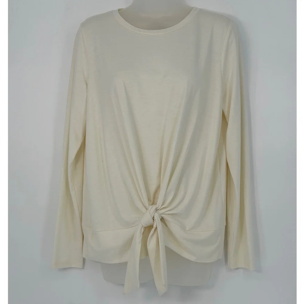 Ann Taylor Ivory Cream Tie Front Knot Long Sleeve Crew Neck Top M Preppy 102-71